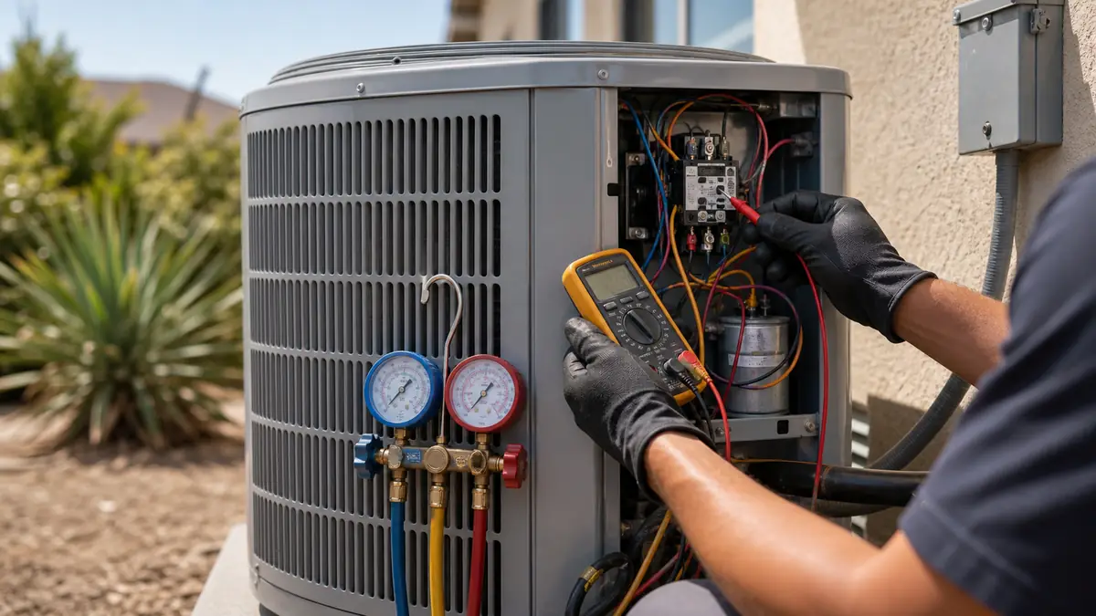 Technician metering a Mitsubishi MUZ outdoor unit capacitor during an Alhambra AC repair